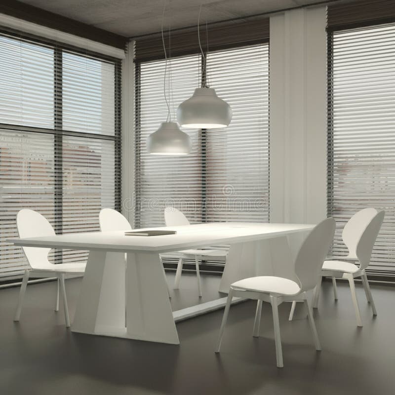 Modern conference room with a sleek white table accompanied by five curved-back vector illustration