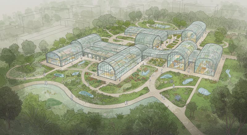 Modern conservatory complex with interconnected glass structures featuring arched vector illustration