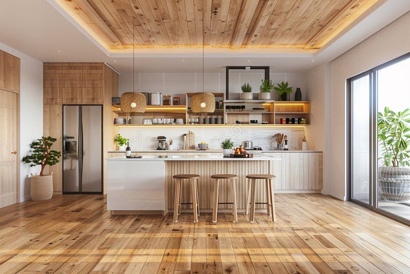 Modern Contemporary Kitchen White and Wood Interior Design Stock