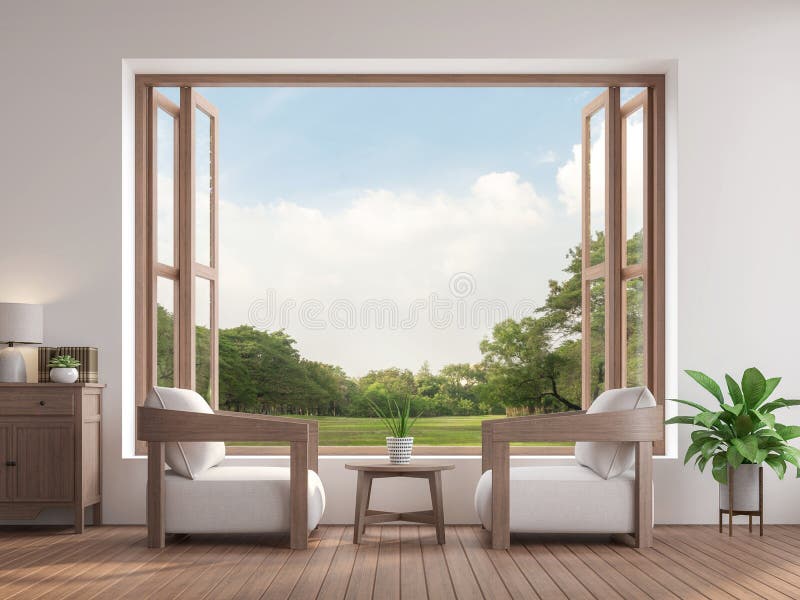 Modern contemporary living room 3d render,There are large open window overlooking to garden view.