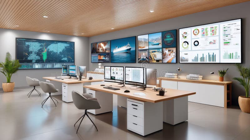 Modern control room with multiple screens displaying data analytics and logistics tracking stock photos