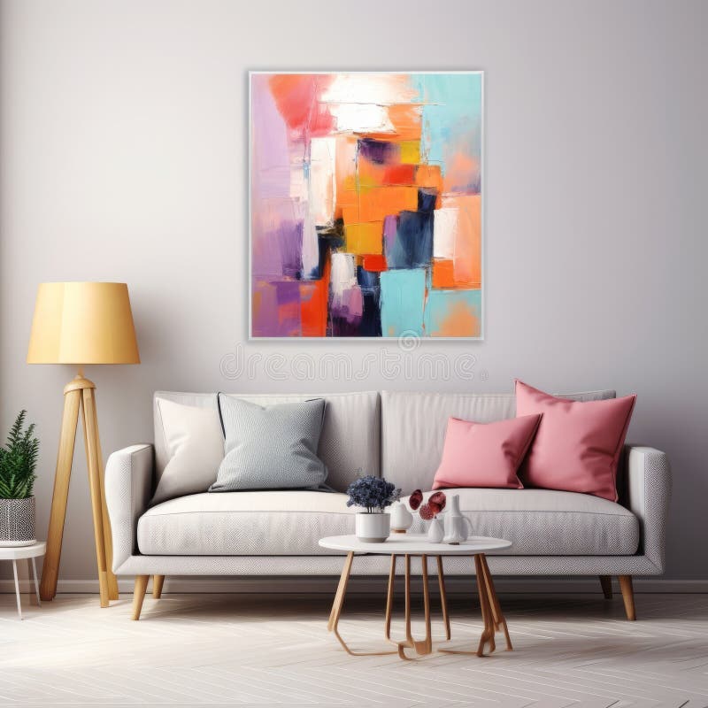 Modern Cosy Living Room with Grey Sofa and Picture on the Wall Stock