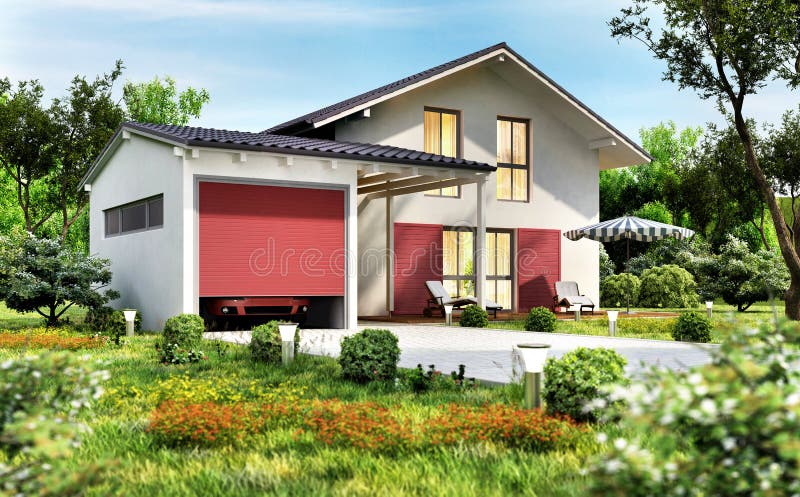 Modern country house with garage and car