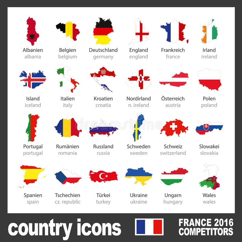Modern country map icons with flags of participating teams to the final soccer tournament of Euro 2016 color vector illustration Modern country map icons with flags of participating teams to the final soccer tournament of Euro 2016 color vector illustration