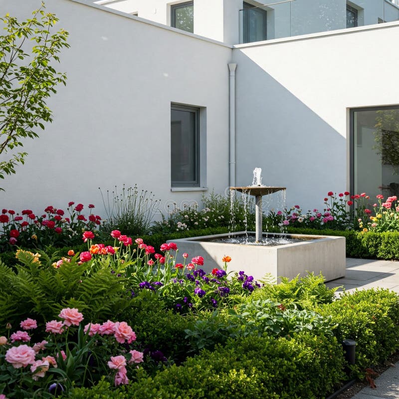 Modern Courtyard Garden Fountain Flowers, genererad med AI fotografering för bildbyråer