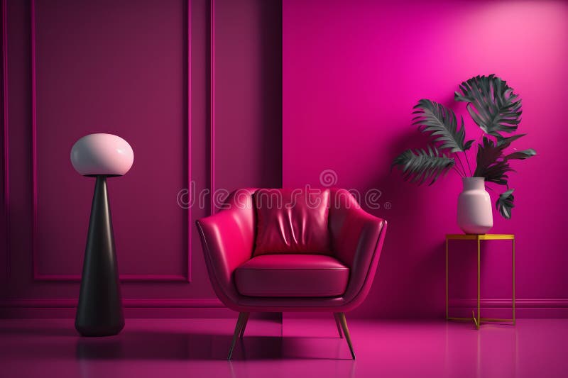 Modern Cozy Living Room with Monochrome Pink Magenta Wall. Contemporary ...