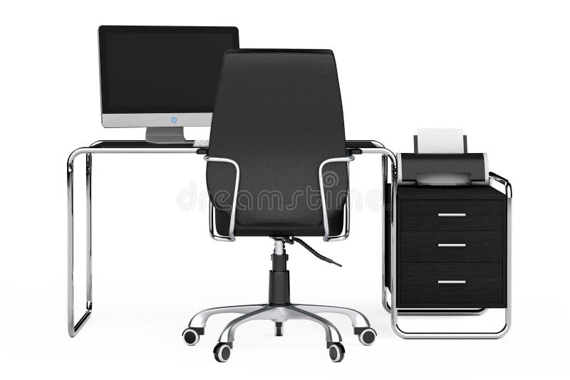 Modern Creative Workspace. Computer is on Office Table with Black