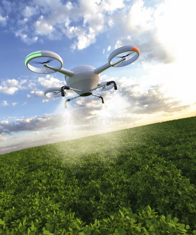 Modern Crop Spraying with Drones 3d Render Stock Illustration