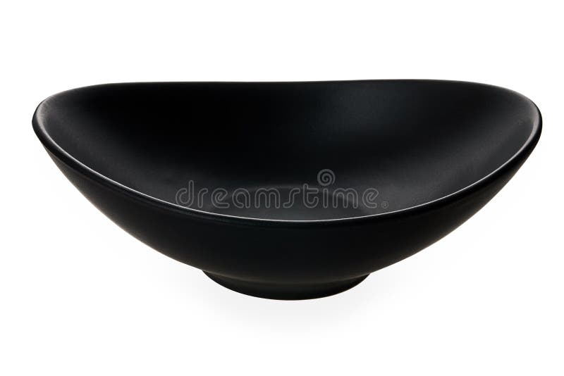 Modern curve bowl, Empty black bowl in oval shape isolated on white background with clipping path, Side view stock photography