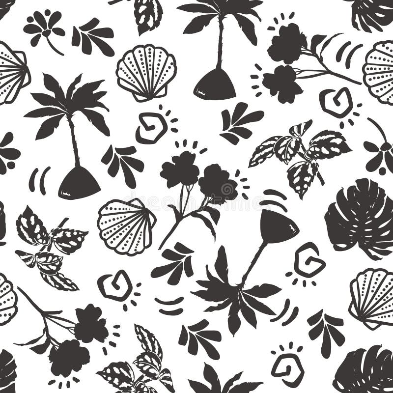 Modern cute hand drawn summer beach,palm tree ,triopical leaves and flower balack and white semaless pattern vector EPS 10