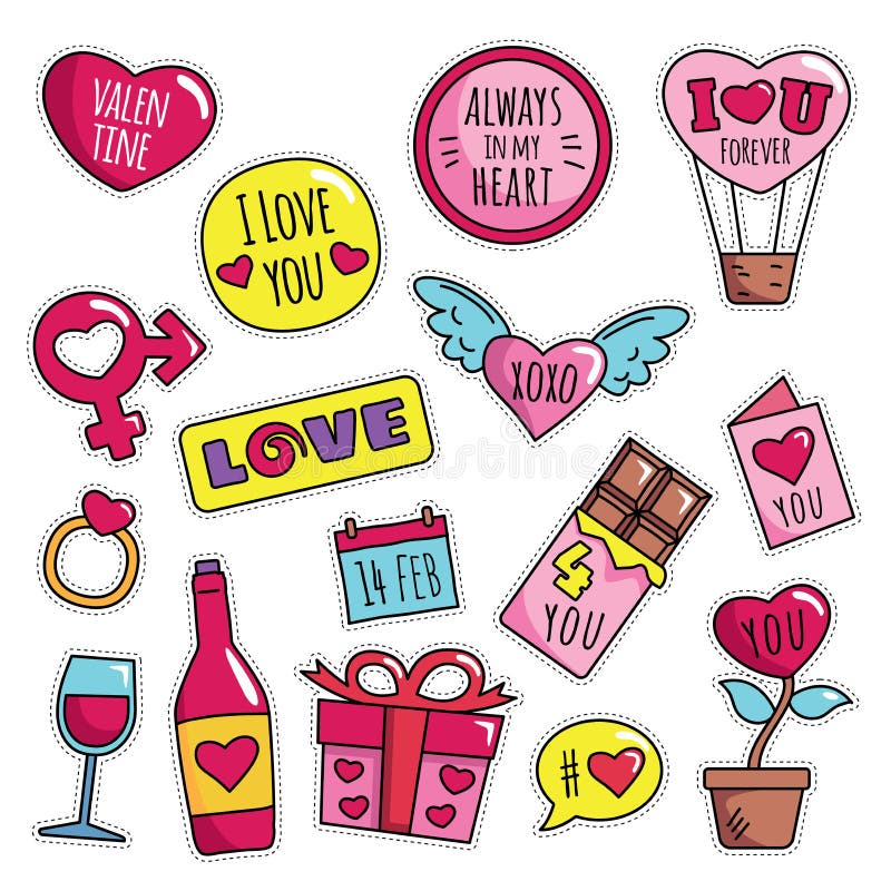 Happy Valentines Day Stickers Patches Badges Stock Illustration