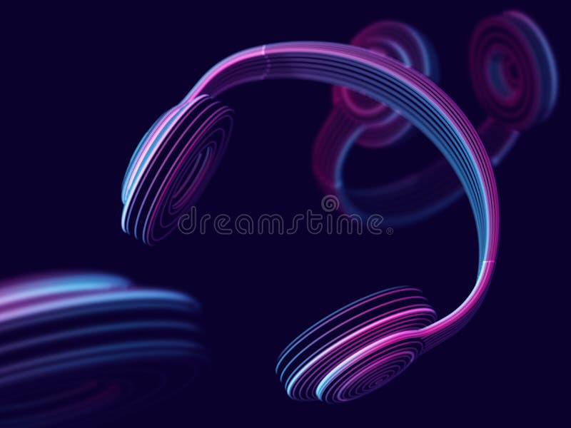 Modern 3D headphone on dark background. Abstract visualization of digital sound. stock illustration Modern 3D headphone on dark background. Abstract visualization of digital sound. stock illustration