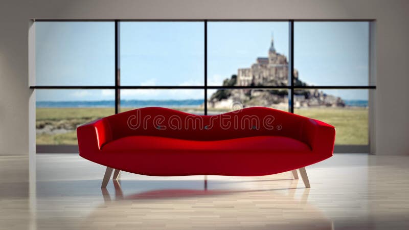Modern 3D Interior Design with Striking Red Sofa stock illustration