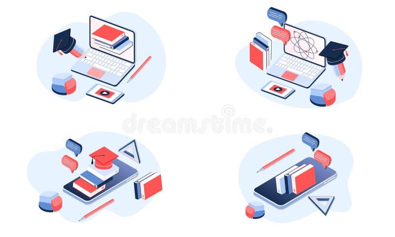 Modern 3d Isometric Concept of Online Education for Banner Website. Set ...
