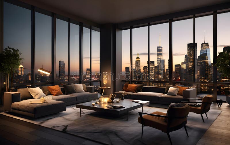 Illustration of Artistic Penthouse Apartment With Floor-To-Ceiling Windows And Modern Art And Design And Art And Design