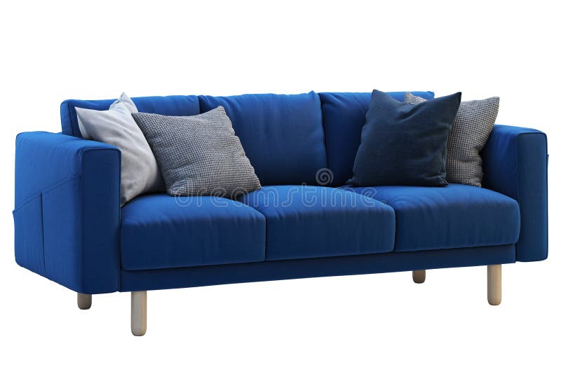 Modern Dark Blue Fabric Sofa with Colored Pillows. 3d Render Stock