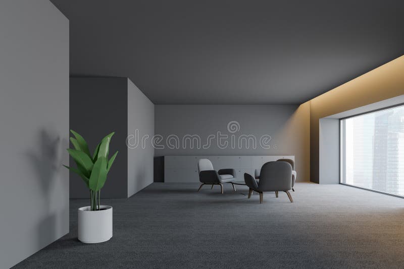 Modern Dark Empty Office Interior with Work Space. 3D Render Stock