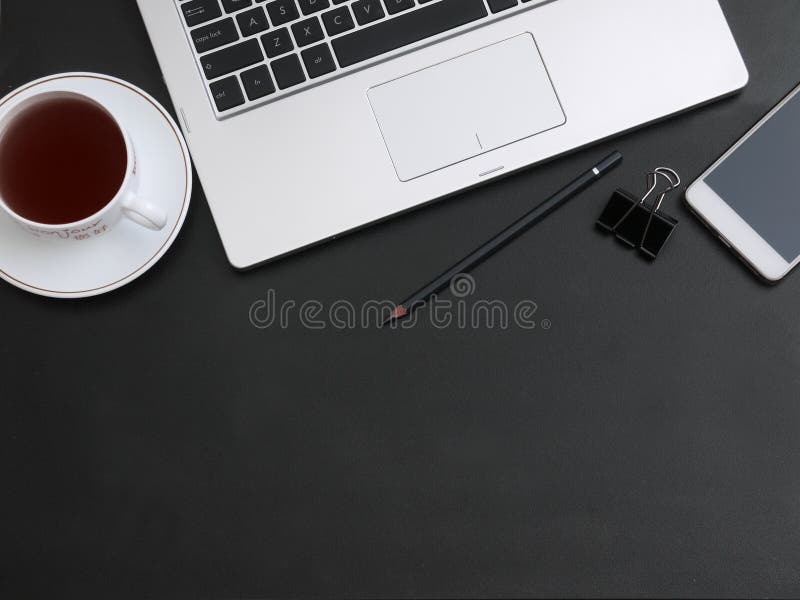 Modern dark office Desk stock photo. Image of blank, computer 90020132