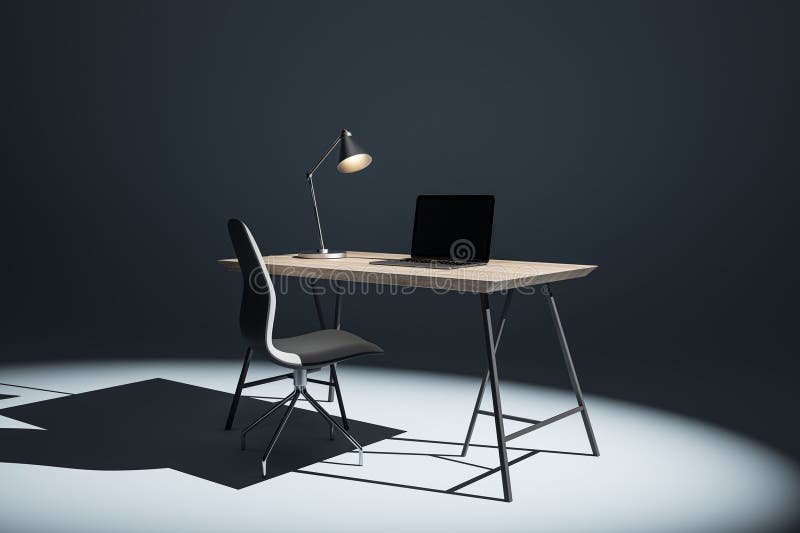 Modern Dark Spotlight Office Interior with Mock Up Laptop Computer on