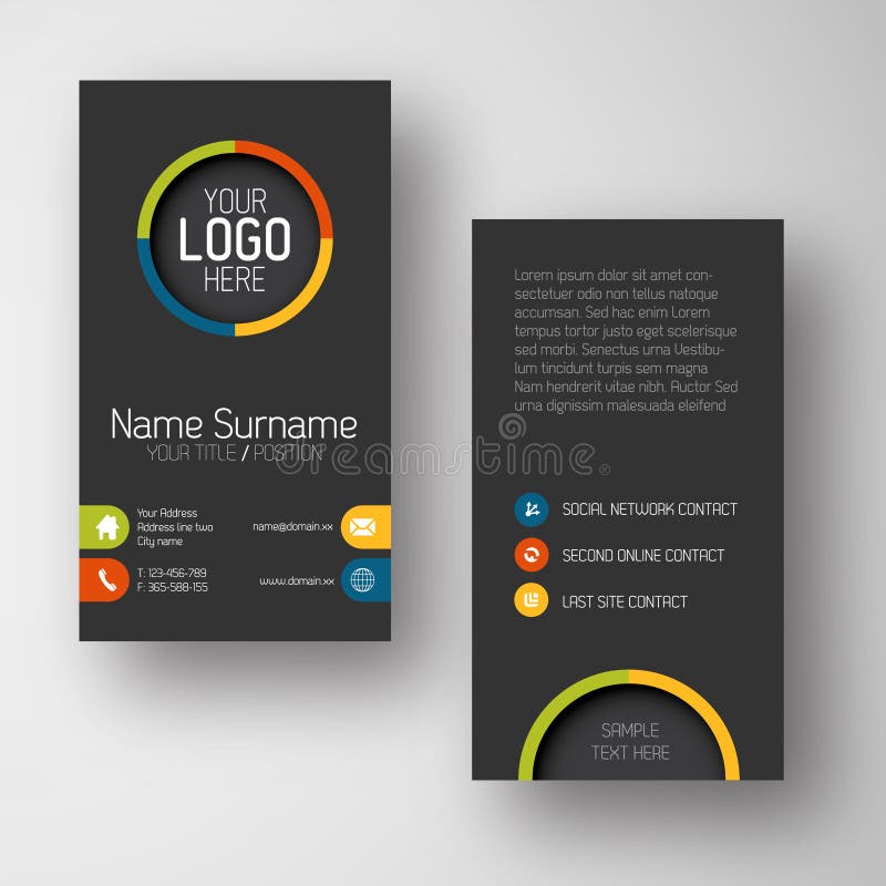 Modern dark vertical business card template with flat user interface stock illustration
