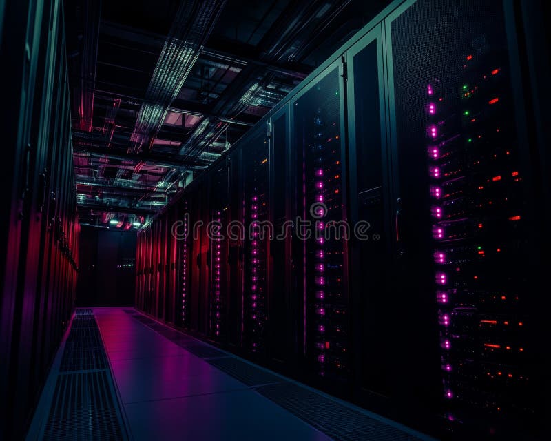 Modern Data Center Aesthetics: LED-Illuminated Server Racks and Structured Cabling - Scalable Infrastructure for Current royalty free stock photography