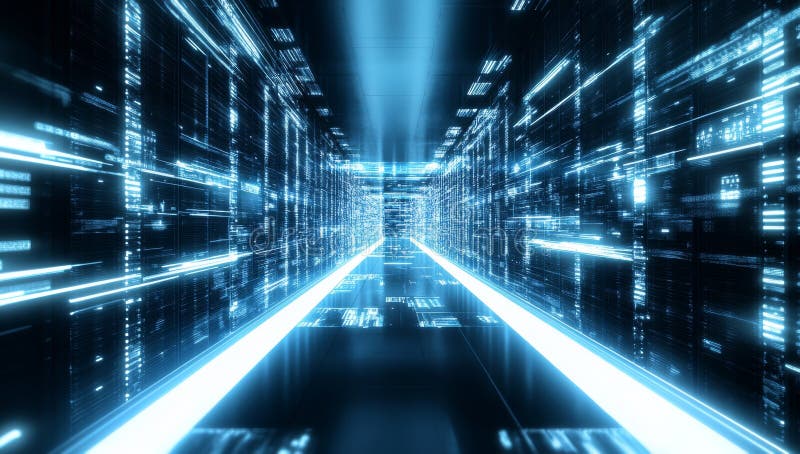 A modern data center corridor is filled with rows of illuminated server racks, showcasing advanced technology and a stock photography