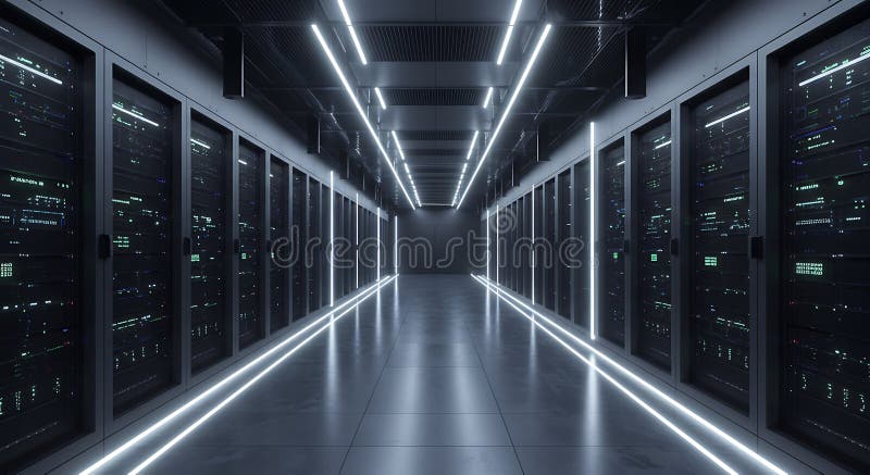 A modern data center corridor with rows of server racks on both sides. The racks royalty free illustration
