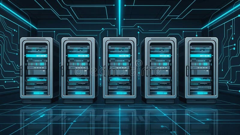 Modern data center with five server racks lined up across a reflective floor royalty free illustration