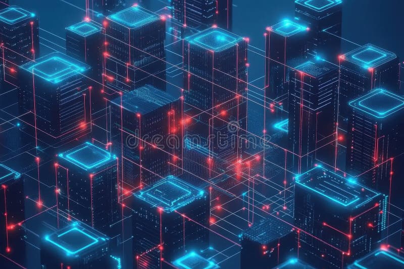 Modern Data Center with Glowing Digital Connections and Nodes stock photo
