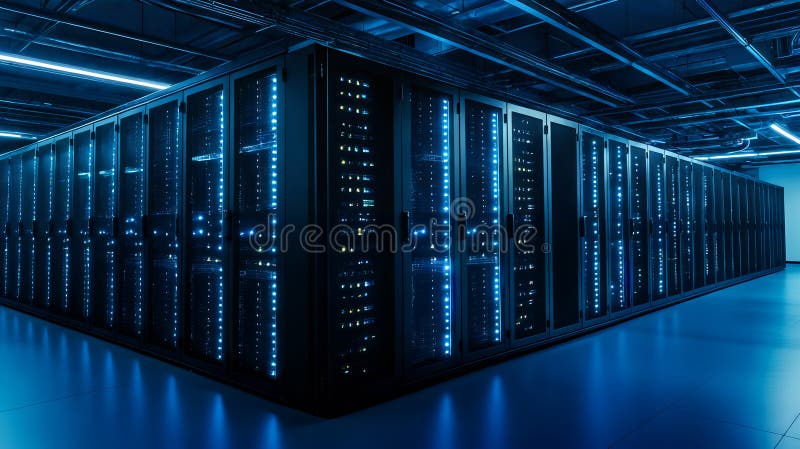 Modern data center with illuminated server racks and advanced network infrastructure royalty free illustration