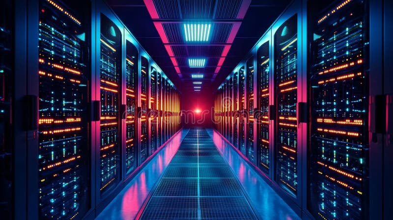 Modern data center with illuminated server racks royalty free stock photo