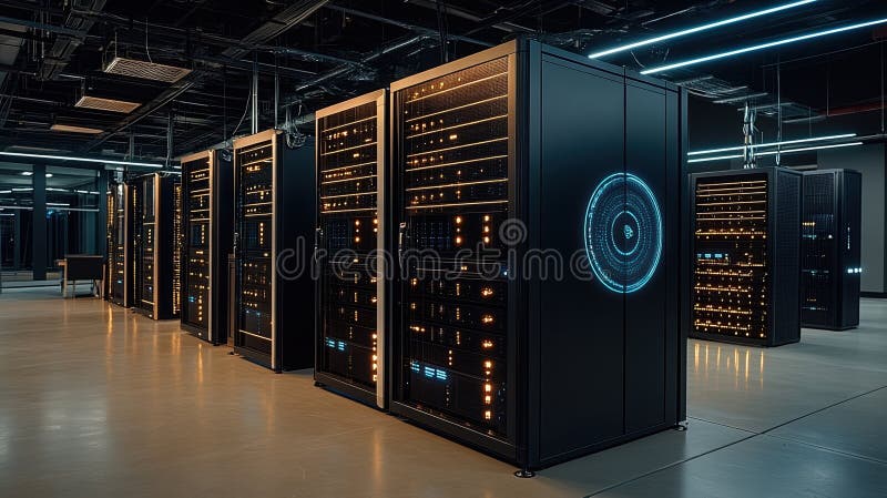 Modern data center interior with high-tech servers and digital interfaces illuminated in futuristic lighting setup royalty free illustration