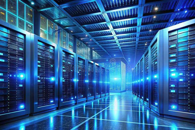 Modern Data Center Interior Optimized Infrastructure for HighPerformance Computing and Secure Data Storage. A breathtaking view inside a cutting-edge data center. Rows of server racks, illuminated in a cool blue hue, showcase the intricate network infrastructure powering modern computing and communications. The meticulously organized server cabinets, each housing powerful computer servers, highlight the efficiency and scalability of the facility. This image encapsulates the core of digital technology