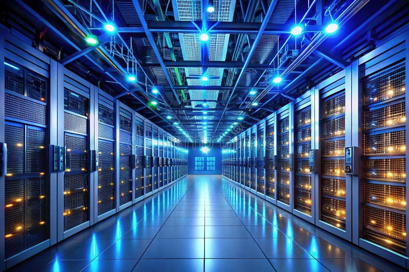 Modern Data Center Interior A Seamless Integration of HighTech Server Racks Advanced Cooling and Robust Security for royalty free illustration