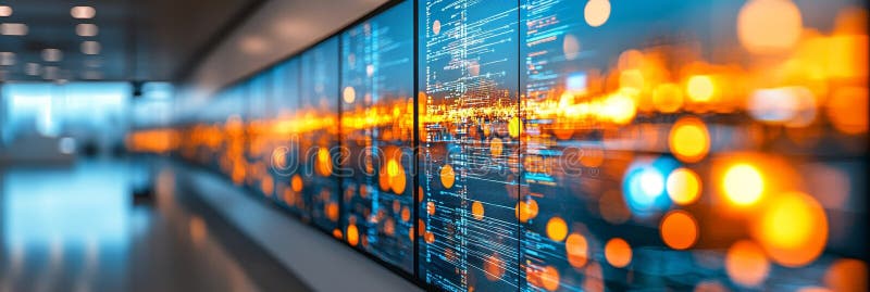 Modern Data Center Multiple Screens Display Analytics, Code, and Statistics with Bokeh Effect royalty free illustration