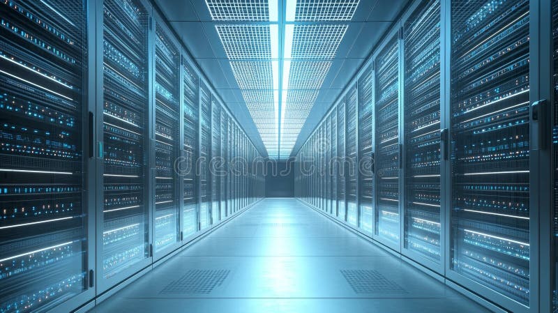 Modern data center with rows of glowing server racks stock photos