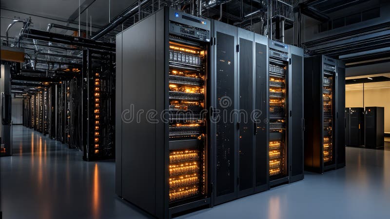 Modern data center with rows of illuminated server racks in high-tech facility stock illustration