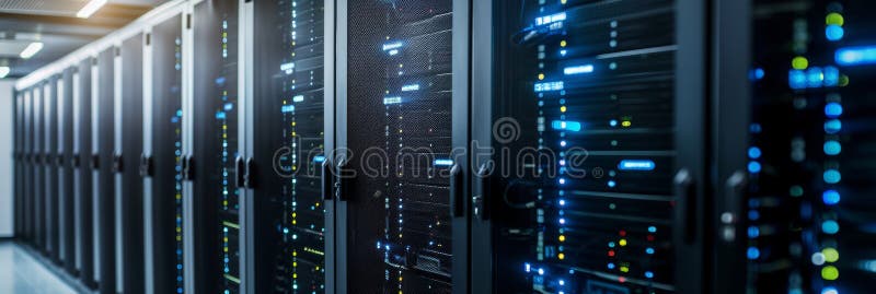 Modern Data Center With Rows of Network Servers, Big Data Storage and Cloud Computing Technology stock illustration