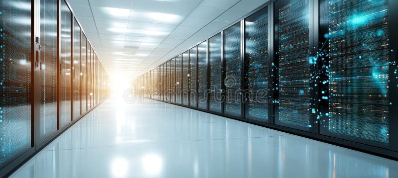 Modern Data Center, Rows of Network Servers, Hardware, Cloud Computing and Information Technology vector illustration