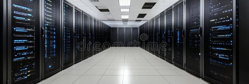 Modern Data Center With Rows of Network Servers and Racks, Secure Storage and Computing Power vector illustration
