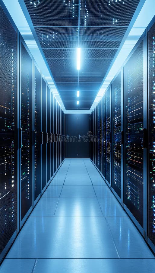 Modern Data Center With Rows of Server Racks, Big Data, Cloud Computing, Information Technology stock illustration