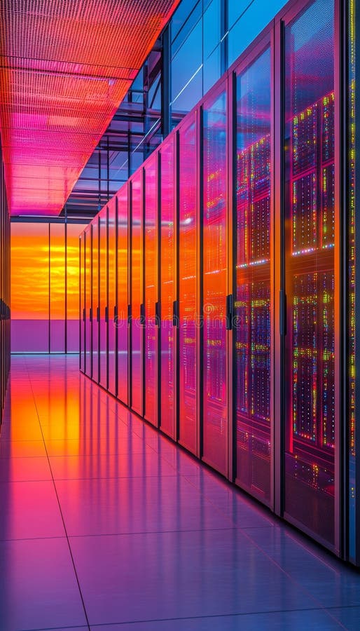 Modern data center with rows of server racks, colorful illumination, concept of technology. vector illustration