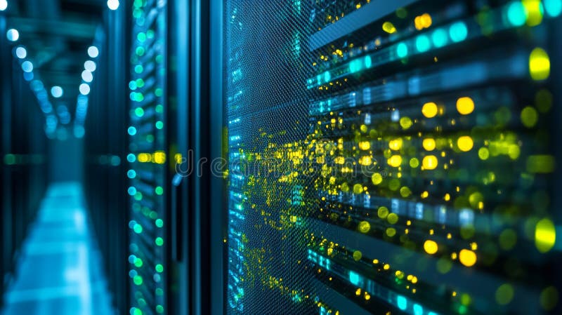 Modern Data Center With Rows Of Server Racks And Network Equipment, Big Data, Cloud Computing royalty free illustration