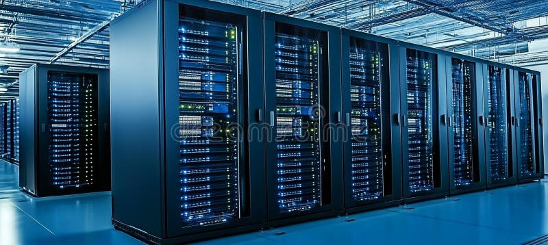 Modern Data Center With Rows of Server Racks, Network Hardware, and Cables, Illuminating Technology royalty free illustration