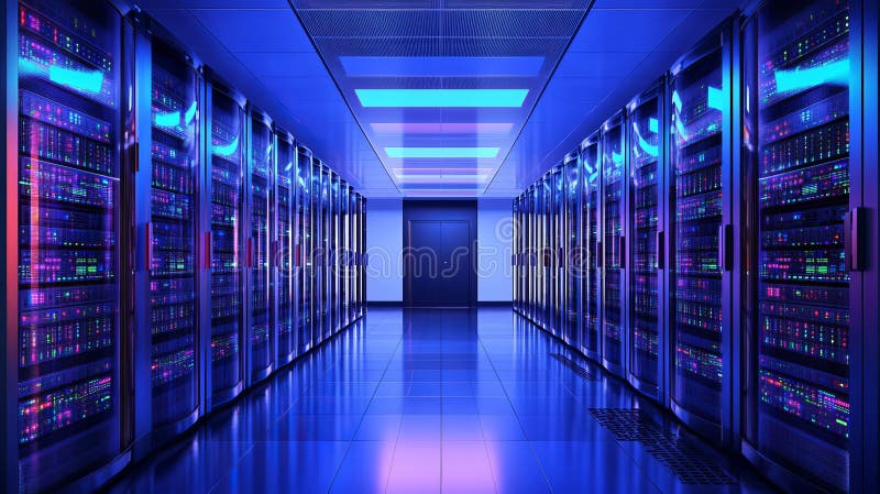 Modern Data Center With Rows Of Server Racks, Network Hardware, And Glowing LED Lights vector illustration
