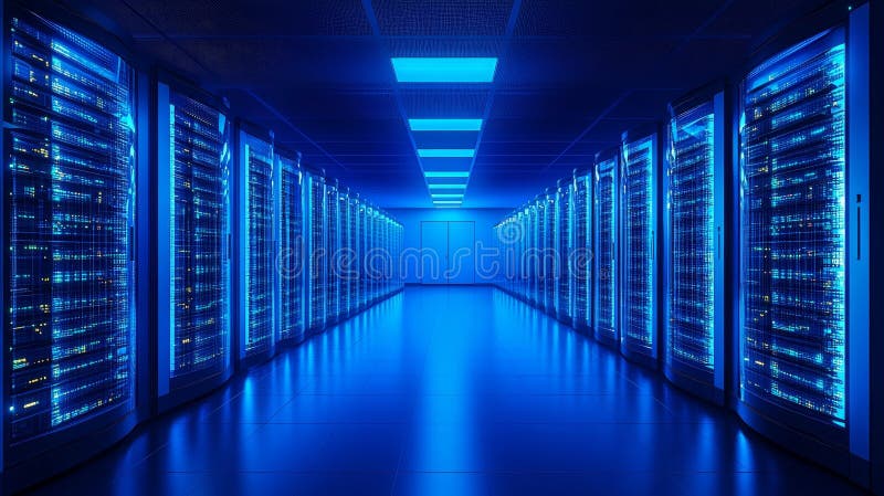 Modern Data Center With Rows of Server Racks, Network Hardware, and Glowing LEDs in Blue vector illustration