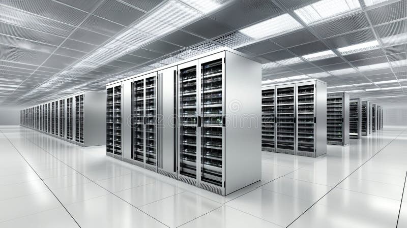 Modern Data Center With Rows of Servers, Network Hardware, and High-Performance Computing Equipment stock illustration