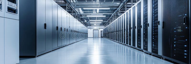 Modern Data Center With Rows of Servers, Storage, and Network Equipment, Corridor View. stock illustration