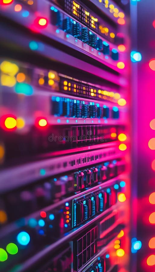 Modern Data Center with Servers, Network Hardware, and Flashing LED Lights in a Server Room royalty free illustration