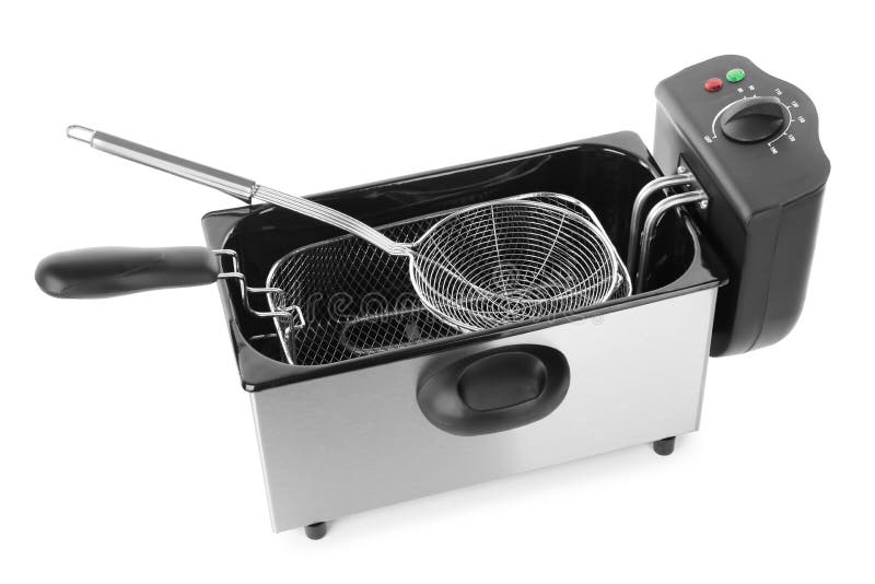 Modern Deep Fryer and Baskets on White. Kitchen Device Stock Photo